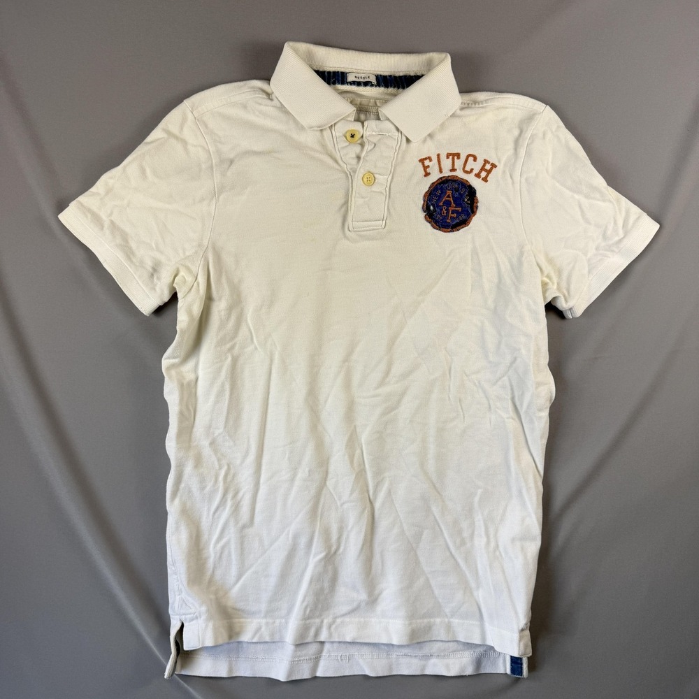 Abercrombie & Fitch Polo Shirt Mens Large White Muscle Fit Patch Crest Logo